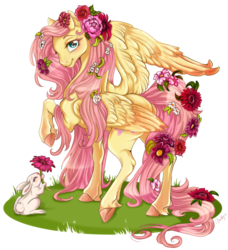 Size: 1024x1122 | Tagged: safe, artist:cigarscigarettes, angel bunny, fluttershy, pegasus, pony, rabbit, g4, female, flower, looking back, mare, simple background, solo, transparent background