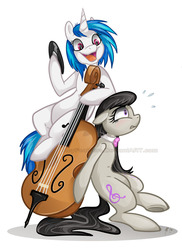 Size: 654x900 | Tagged: safe, artist:keyfeathers, dj pon-3, octavia melody, vinyl scratch, earth pony, pony, unicorn, g4, bowtie, cello, female, mare, musical instrument