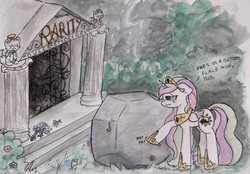 Size: 3932x2740 | Tagged: safe, artist:catseye-view, princess celestia, tom, alicorn, pony, g4, crying, female, grave, immortality blues, implied rarity, solo