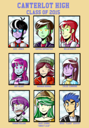 Size: 1045x1500 | Tagged: safe, artist:php52, flash sentry, indigo wreath, mystery mint, nolan north, normal norman, ringo, sophisticata, sweet leaf, velvet sky, equestria girls, amy heartstruck, axel jones, background human, brad, chloe commons, male, mary donna, roman roland, sophie sophisticata, yearbook