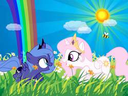 Size: 799x599 | Tagged: safe, artist:loobie1998, artist:pluckyninja, princess celestia, princess luna, bee, g4, cewestia, cute, cutelestia, filly, grass, lunabetes, needs more jpeg, rainbow, sunshine sunshine, woona