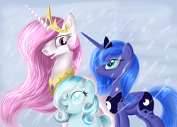 Size: 1300x936 | Tagged: dead source, safe, artist:wourdeluck, princess celestia, princess luna, oc, oc:snowdrop, alicorn, pegasus, pony, snowdrop (animation), g4, s1 luna, snow, snowfall