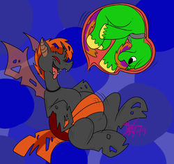 Size: 615x579 | Tagged: safe, artist:thatburdie, oc, oc only, changeling, pony, unicorn, belly, changeling oc, fetish, internal, orange changeling, tongue out, vore