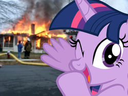 Size: 700x525 | Tagged: safe, edit, twilight sparkle, alicorn, pony, g4, disaster girl, disaster mare, female, fire, irl, looking at you, mare, meme, open mouth, photo, ponies in real life, smiling, spoiler alert, twilight sparkle (alicorn), wink