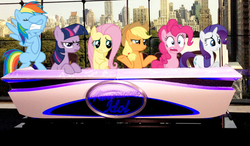 Size: 650x380 | Tagged: safe, applejack, fluttershy, pinkie pie, rainbow dash, rarity, twilight sparkle, g4, american idol, facehoof, irl, mane six, photo, ponies in real life, unimpressed