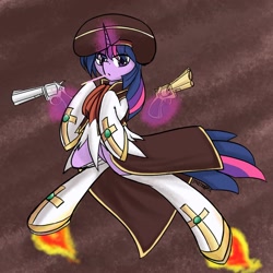 Size: 1000x1000 | Tagged: safe, artist:thattagen, twilight sparkle, g4, clothes, dual wield, female, gun, magic, revolver, solo, telekinesis, weapon