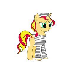 Size: 2000x2000 | Tagged: safe, artist:zamusmjolnir, sunset shimmer, pony, unicorn, g4, abuse, clothes, female, horn, horn ring, magic suppression, prison outfit, prison stripes, prisoner, punishment, sad, shackles, shimmerbuse, solo