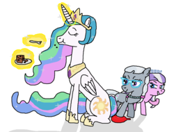 Size: 1254x954 | Tagged: safe, artist:mighty355, diamond tiara, princess celestia, silver spoon, alicorn, earth pony, pony, g4, cake, cakelestia, eating, female, filly, foal, fork, glasses, glowing, glowing horn, horn, jewelry, mare, necklace, prank, smiling, this will end in a trip to the moon, this will end in tears and/or a journey to the moon, this will not end well, trio, whoopee cushion