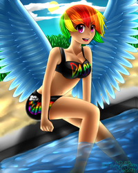 Size: 1152x1440 | Tagged: safe, artist:fluffypuffybunny, rainbow dash, human, g4, belly button, bikini, clothes, female, humanized, light skin, solo, swimsuit, winged humanization