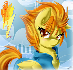 Size: 1200x1140 | Tagged: safe, artist:knifeh, spitfire, g4, blushing, chest fluff, clothes, female, frown, hair over one eye, looking at you, looking back, solo, unamused, uniform, wonderbolts, wonderbolts uniform