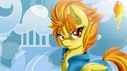 Size: 1920x1080 | Tagged: safe, artist:knifeh, spitfire, g4, blushing, chest fluff, clothes, female, frown, hair over one eye, looking at you, solo, unamused, uniform, wallpaper, wonderbolts uniform