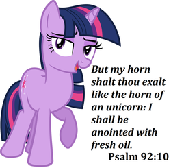Size: 6000x8266 | Tagged: artist needed, safe, twilight sparkle, pony, unicorn, g4, absurd resolution, bedroom eyes, bible, bible verse, female, mare, oil, psalm, raised hoof, religion, simple background, solo, unicorn twilight, vector, verse, white background