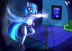 Size: 1280x914 | Tagged: dead source, safe, artist:somescrub, dj pon-3, vinyl scratch, anthro, g4, belly button, female, solo, stage