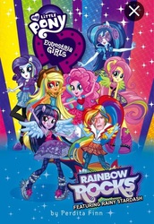 Size: 461x670 | Tagged: safe, applejack, dj pon-3, fluttershy, pinkie pie, rainbow dash, rarity, twilight sparkle, vinyl scratch, equestria girls, g4, my little pony equestria girls: rainbow rocks, aladdin sane, book, david bowie, devil horn (gesture), ziggy stardust