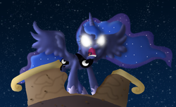 Size: 1712x1041 | Tagged: safe, artist:crosspone, artist:ponything, princess luna, g4, female, glowing eyes, scene interpretation, solo