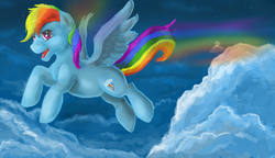 Size: 2766x1588 | Tagged: safe, artist:mylittlegodzilla, rainbow dash, g4, cloud, cloudy, female, flying, solo