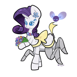 Size: 900x900 | Tagged: safe, artist:otterlore, rarity, drider, monster pony, original species, parasprite, spider, spiderpony, g4, bouquet, bow, cute, female, floral necklace, flower, fluffy, hoof hold, necklace, pretty, simple background, smiling, solo, species swap, spiderponyrarity, white background