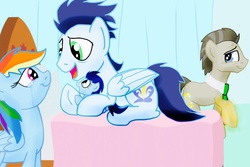 Size: 1024x684 | Tagged: safe, artist:biosonic100, doctor whooves, rainbow dash, soarin', time turner, earth pony, pegasus, pony, g4, daddy soarin', doctor who, female, foal, male, momma dash, offspring, older, parent:rainbow dash, parent:soarin', parents:soarindash, regeneration, ship:soarindash, shipping, straight, the doctor