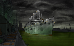 Size: 3000x1884 | Tagged: safe, artist:theomegaridley, princess celestia, fallout equestria, g4, broken steel, ghouls, manehattan, ocean liner, olympic class liner, rms, scenery, ship