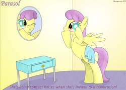 Size: 2500x1786 | Tagged: safe, artist:bluemeganium, parasol, pony, g4, balancing, bipedal, clothes, contact lens, headcanon, hoof hold, mirror, skirt, solo, table