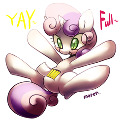 Size: 1224x1211 | Tagged: safe, artist:maren, sweetie belle, pony, robot, unicorn, g4, battery, blushing, butt, cute, diasweetes, female, filly, foal, hooves, horn, lying down, open mouth, plot, simple background, solo, sweetie bot, text, white background, yay