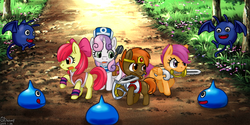 Size: 1200x600 | Tagged: safe, artist:asa, apple bloom, button mash, scootaloo, sweetie belle, slime (dragon quest), dragon quest, g4, cutie mark crusaders, dragon quest (game), pixiv