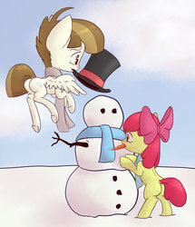Size: 1024x1189 | Tagged: safe, artist:postscripting, apple bloom, featherweight, g4, butt, clothes, female, hat, male, plot, scarf, ship:featherbloom, shipping, snow, snowman, straight, winter