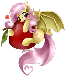 Size: 2786x3204 | Tagged: safe, artist:pridark, fluttershy, bat pony, pony, bats!, g4, apple, cute, female, flutterbat, heart, pridark is trying to murder us, race swap, shyabates, shyabetes, simple background, solo, that pony sure does love apples, transparent background