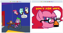 Size: 582x313 | Tagged: safe, bon bon, lyra heartstrings, pinkie pie, spike, sweetie drops, derpibooru, g4, exploitable meme, juxtaposition, juxtaposition win, meme, meta, trophy