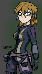 Size: 773x1362 | Tagged: safe, artist:jetwave, oc, oc only, oc:littlepip, human, fallout equestria, clothes, fanfic, fanfic art, female, gradient background, humanized, jumpsuit, light skin, pipbuck, solo, vault suit