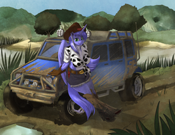 Size: 1250x970 | Tagged: safe, artist:siberwar, oc, oc only, oc:mariah wolves, alicorn, anthro, unguligrade anthro, alicorn oc, anthro oc, belly button, belt, belt buckle, boots, car, clothes, cowboy hat, cowgirl, daisy dukes, front knot midriff, gloves, grand theft auto, gta v, hat, jeep, midriff, pale belly, shorts, solo, stetson