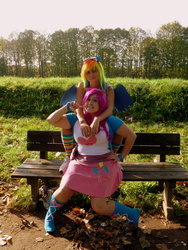 Size: 3240x4320 | Tagged: safe, artist:marmeladepro, pinkie pie, rainbow dash, human, g4, cosplay, irl, irl human, photo