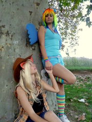 Size: 3240x4320 | Tagged: safe, artist:marmeladepro, applejack, rainbow dash, human, g4, cosplay, irl, irl human, photo