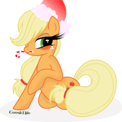 Size: 865x863 | Tagged: safe, artist:constellite, artist:prettypinkpony, applejack, earth pony, pony, g4, blushing, candy cane, female, hat, kneeling, long eyelashes, mare, mouth hold, santa hat, show accurate, simple background, solo, transparent background, vector