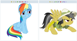 Size: 512x274 | Tagged: safe, daring do, rainbow dash, derpibooru, g4, exploitable meme, juxtaposition, juxtaposition win, meme, meta, smugdash