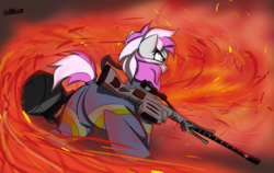 Size: 1600x1009 | Tagged: safe, artist:jetwave, oc, oc only, oc:hired gun, earth pony, pony, fallout equestria, fallout equestria: heroes, action pose, butt, clothes, female, flamethrower, gun, hooves, jumpsuit, mare, optical sight, plot, rifle, sniper, sniper rifle, solo, vault suit, weapon