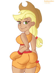 Size: 773x1034 | Tagged: safe, artist:scobionicle99, applejack, human, g4, applebutt, ass, boxing, boxing bra, boxing gloves, boxing shorts, breasts, busty applejack, butt, clothes, female, humanized, light skin, shorts, sideboob, simple background, solo, sports bra, sports shorts