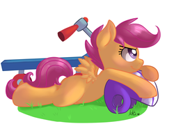 Size: 1600x1200 | Tagged: safe, artist:annakitsun3, scootaloo, pegasus, pony, g4, blank flank, female, filly, foal, grass, helmet, prone, scooter, signature, simple background, smiling, smirk, solo, spread wings, white background, wings