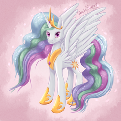 Size: 2000x2000 | Tagged: safe, artist:ghostlyscissors, princess celestia, g4, female, looking at you, smiling, solo, spread wings