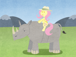 Size: 800x600 | Tagged: safe, artist:elslowmo, fluttershy, pegasus, pony, rhinoceros, g4, three's a crowd, animal, clothes, explorer outfit, female, riding, solo