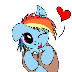 Size: 2000x2000 | Tagged: safe, artist:yooyfull, rainbow dash, human, pony, g4, cute, dashabetes, floppy ears, hand, heart, holding a pony, one eye closed, wink