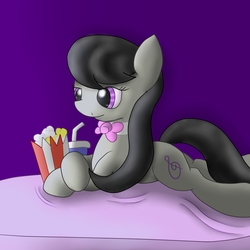 Size: 2600x2600 | Tagged: safe, artist:flashiest lightning, octavia melody, earth pony, pony, g4, bed, female, mare, movies, popcorn, prone, sheet, soda, solo