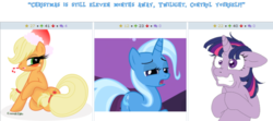 Size: 743x330 | Tagged: safe, applejack, trixie, twilight sparkle, derpibooru, g4, exploitable meme, juxtaposition, juxtaposition win, meme, meta