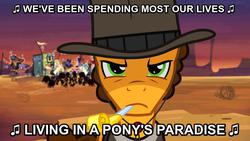 Size: 1024x576 | Tagged: safe, edit, edited screencap, screencap, cheese sandwich, earth pony, pony, g4, pinkie pride, amish paradise, clint eastwood, image macro, lyrics, male, parody, parody of a parody, party horn, song reference, stallion, the man with no name, weird al yankovic