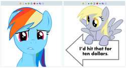 Size: 514x278 | Tagged: safe, derpy hooves, rainbow dash, pegasus, pony, derpibooru, g4, derpy's arrow, exploitable meme, female, juxtaposition, juxtaposition win, mare, meme, meta