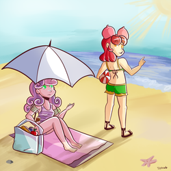 Size: 1000x999 | Tagged: safe, artist:php52, apple bloom, sweetie belle, human, g4, ass, beach, beach umbrella, butt, clothes, duo, female, humanized, light skin, swimsuit