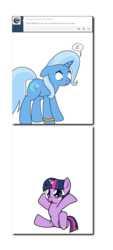 Size: 840x1856 | Tagged: safe, artist:dekomaru, trixie, twilight sparkle, tumblr:ask twixie, g4, age regression, female, foal, lesbian, ship:twixie, shipping, tumblr