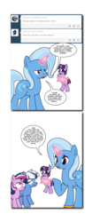 Size: 840x1856 | Tagged: safe, artist:dekomaru, trixie, twilight sparkle, oc, oc:aurora, oc:nebula, tumblr:ask twixie, g4, age regression, diaper, female, fourth wall, lesbian, magical lesbian spawn, offspring, parent:trixie, parent:twilight sparkle, parents:twixie, ship:twixie, shipping, tumblr