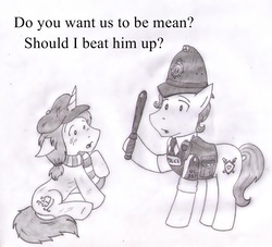 Size: 1238x1123 | Tagged: safe, oc, oc only, ask a pony, british cop, crayon, crayon the homeless pony, homeless, monochrome, pony police