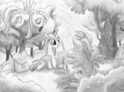 Size: 3168x2346 | Tagged: safe, artist:matryoshika524, fluttershy, rainbow dash, oc, g4, monochrome, painting